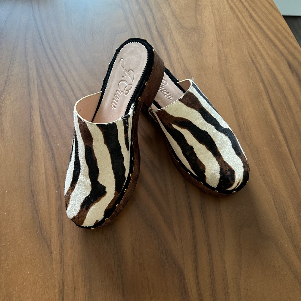 J. Crew Zebra Print Pony Hair Clogs - Brown, Black, Cream